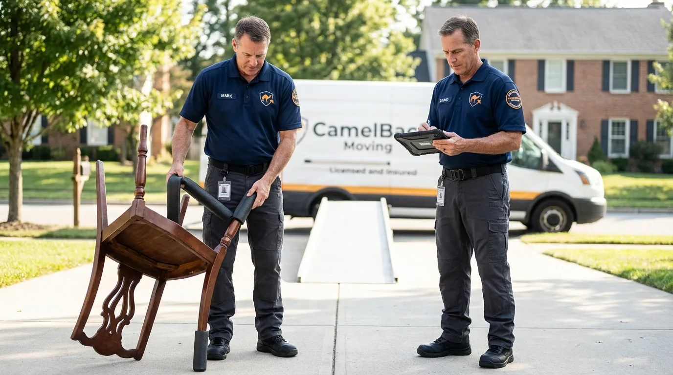 Movers inspecting furniture for damage prevention before loading in Myerstown, PA