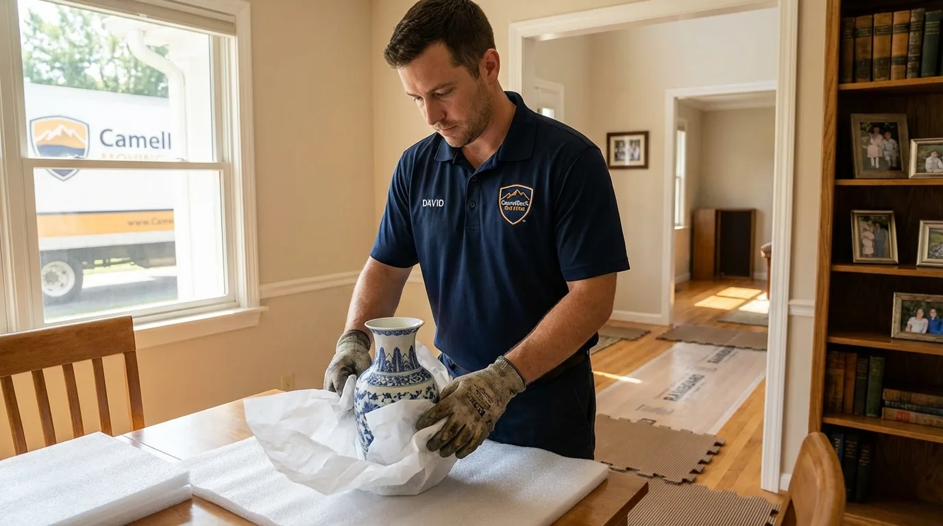 Professional crew carefully wrapping antique vase for senior downsizing move in Myerstown, PA